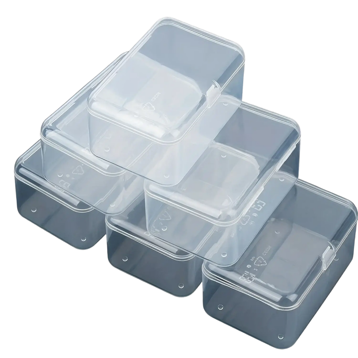 Clear plastic rectangular storage boxes with snap-on lids for organizing crafts and rhinestones