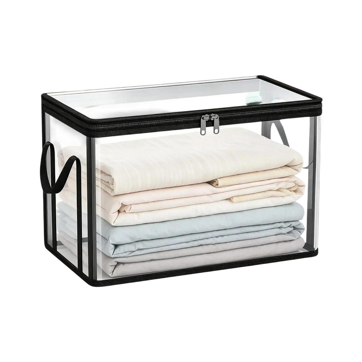 Clear stackable book storage box with handles featuring clear plastic body, black trim, zipper closure, and transparent top panel