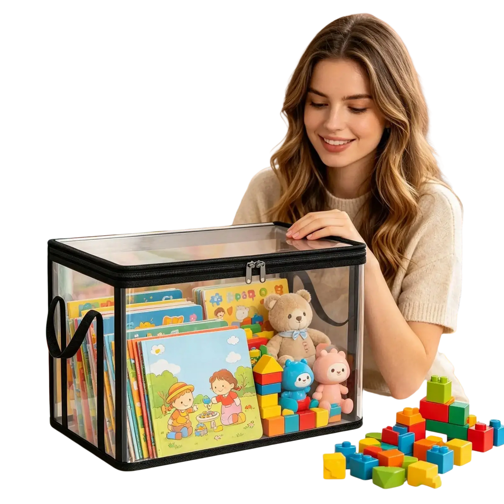 Clear stackable book storage box with handles made of clear plastic and black trim filled with children’s books and toys