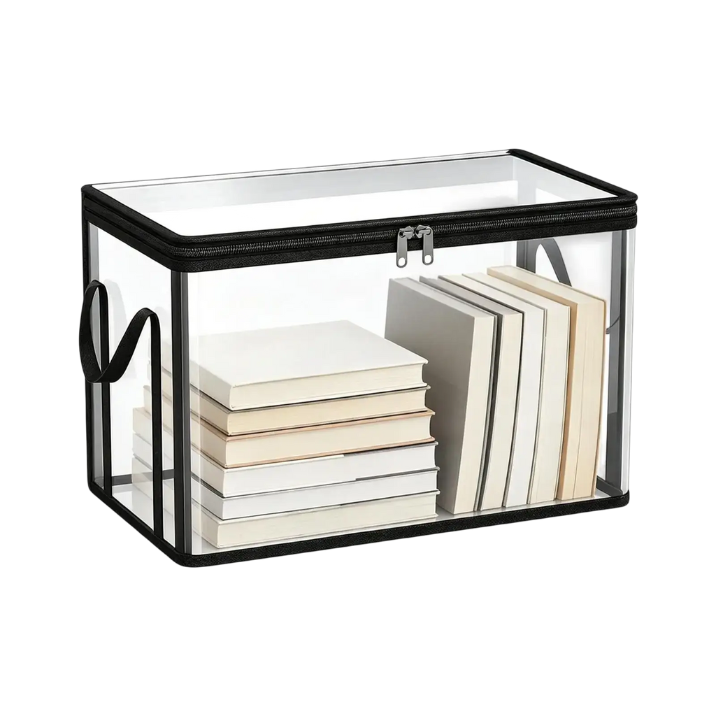 Clear stackable book storage box made of clear plastic with black trim zipper closure and side handle for easy carrying
