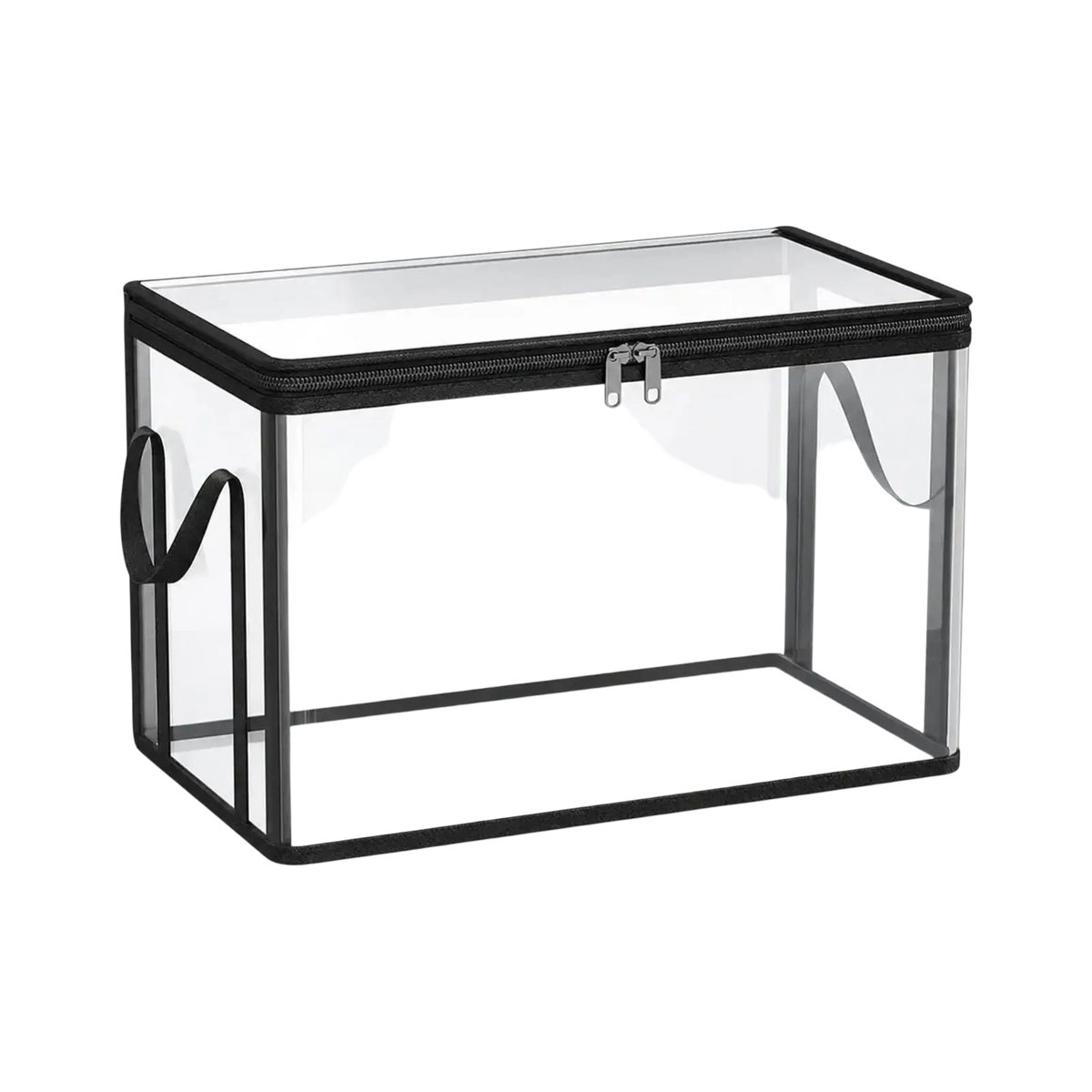 Clear rectangular stackable book storage box with black zipper closure and handles for easy carrying and organization