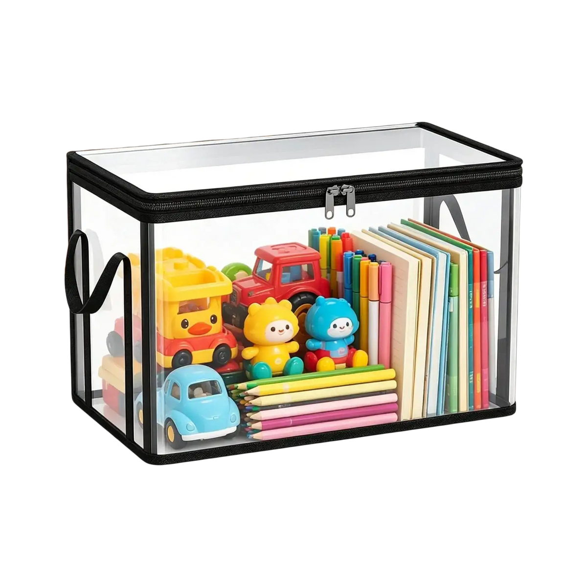 Clear stackable rectangular storage box with black zipper and handles filled with colorful toys and stationery
