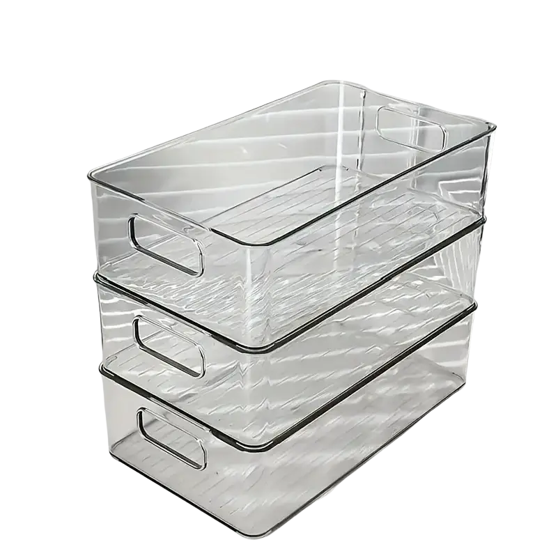 Clear stackable plastic storage bin organizer made in mainland china with clear bins black trim and integrated handles actual product