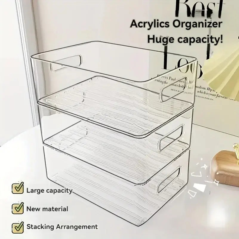Clear stackable plastic storage bin organizer made of acrylic with ribbed interior and integrated handles from mainland china actual product