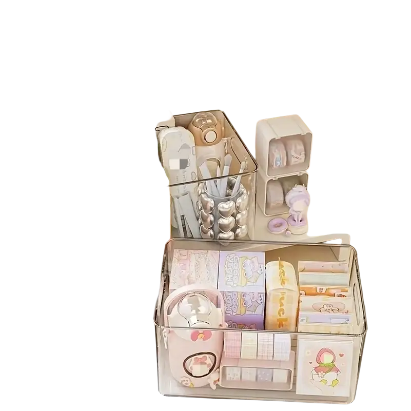 Clear stackable plastic storage bin organizer made of clear acrylic from mainland china holding colorful stationery items