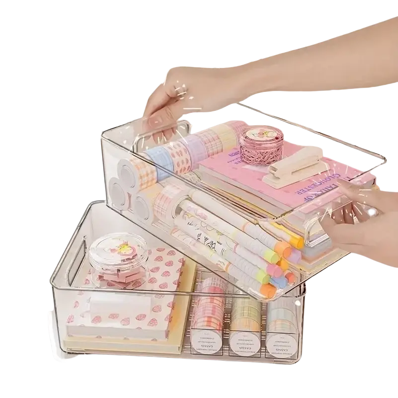 Clear stackable plastic storage bin organizer made in mainland china with clear acrylic two-tiered design and carrying handles