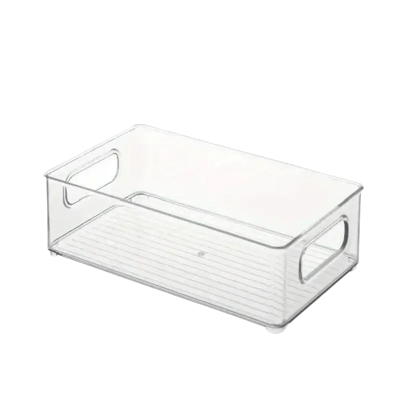 Clear stackable plastic storage bin organizer made in mainland china with clear plastic rectangular design and ribbed interior base