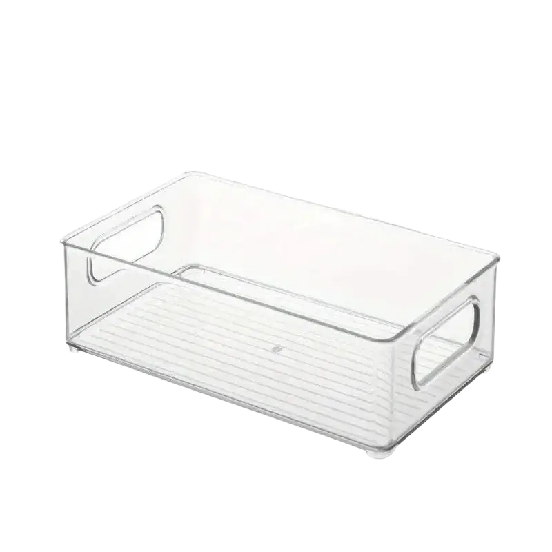 Clear stackable plastic storage bin organizer from mainland China with clear rectangular design and integrated handles actual product