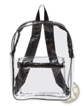 Clear stadium approved backpack made of clear plastic with black straps and a front zippered pocket