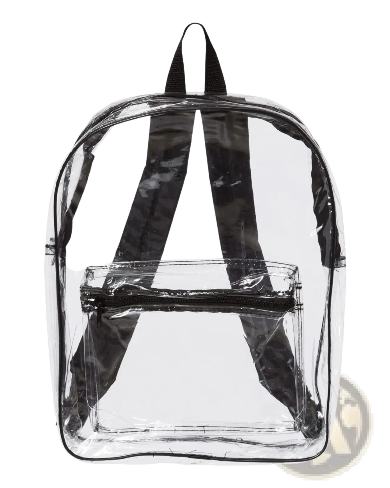 Clear stadium approved backpack made of clear plastic with black straps and a front zippered pocket