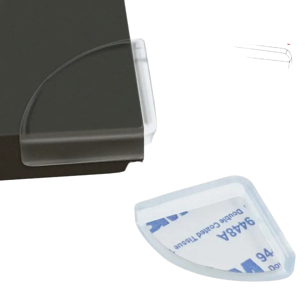 Clear semi-transparent plastic table corner protectors with 30mm square shape and adhesive backing for corner guards