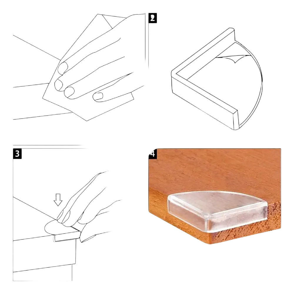 Clear transparent silicone corner protectors for table corners providing safe corner guards for furniture edges