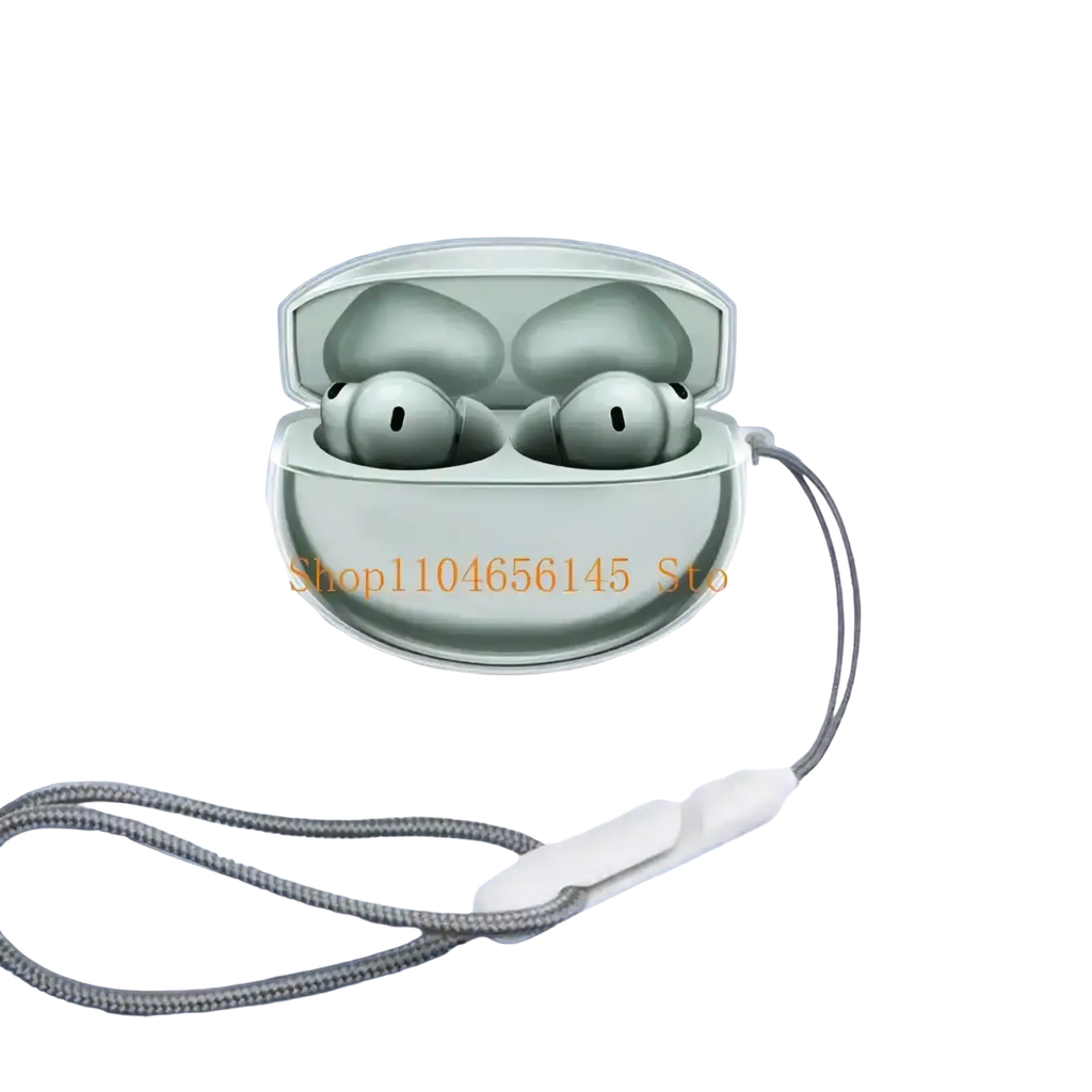 Silver huawei freebuds 5 earbuds in a matching braided wrist strap charging case with clear tpu protective case for oneplus buds 4