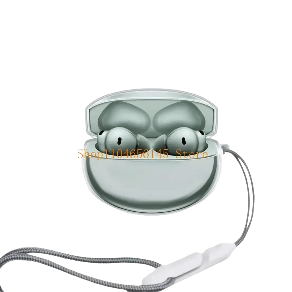 Silver huawei freebuds pro earbuds in a sleek metallic charging case with gray strap shown with clear TPU protective case for Oneplus buds 4
