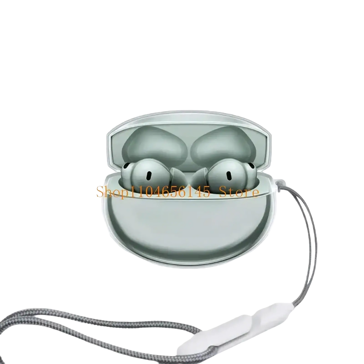 Silver huawei freebuds pro earbuds in a sleek metallic charging case with gray strap shown with clear TPU protective case for Oneplus buds 4