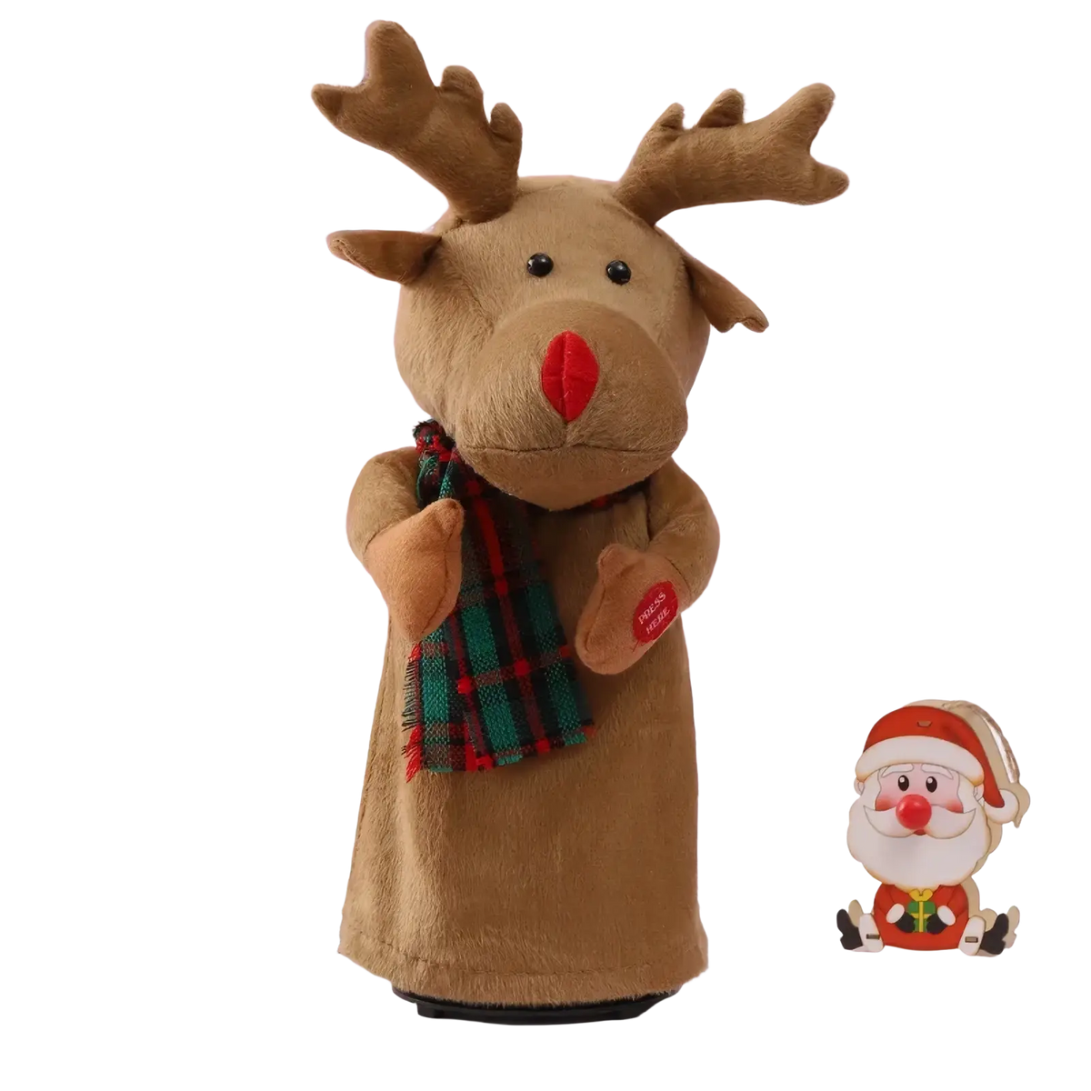 Brown plush reindeer figurine with antlers red nose and green and red plaid scarf for climbing santa claus toy decoration