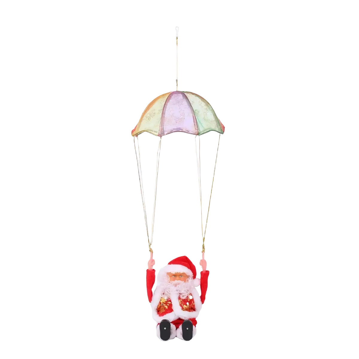 A plush climbing santa claus electronic toy in red white suit with glittery gold accents seated under a multicolored parachute