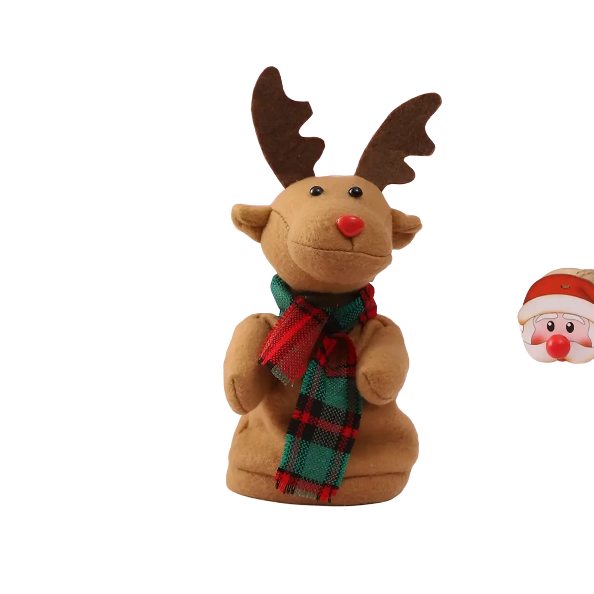 A plush tan reindeer figurine with brown antlers red nose and green and red plaid scarf for climbing Santa Claus toy