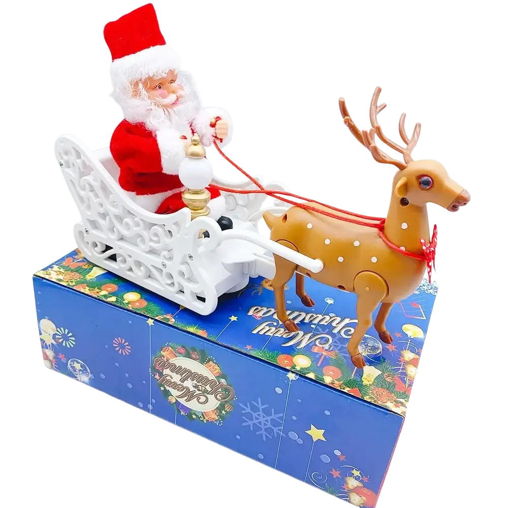 Climbing santa claus electronic toy christmas decoration featuring a plastic santa in red suit in white sleigh pulled by brown deer
