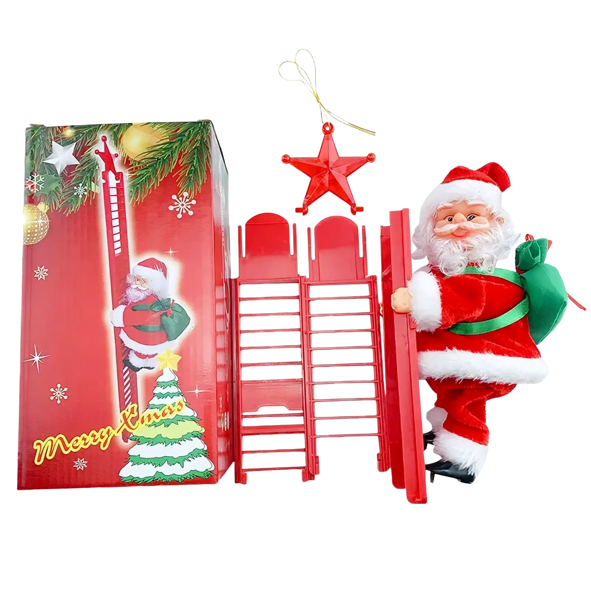 Red plastic climbing santa claus electronic toy in red and white suit with green satchel beside matching red ladder set
