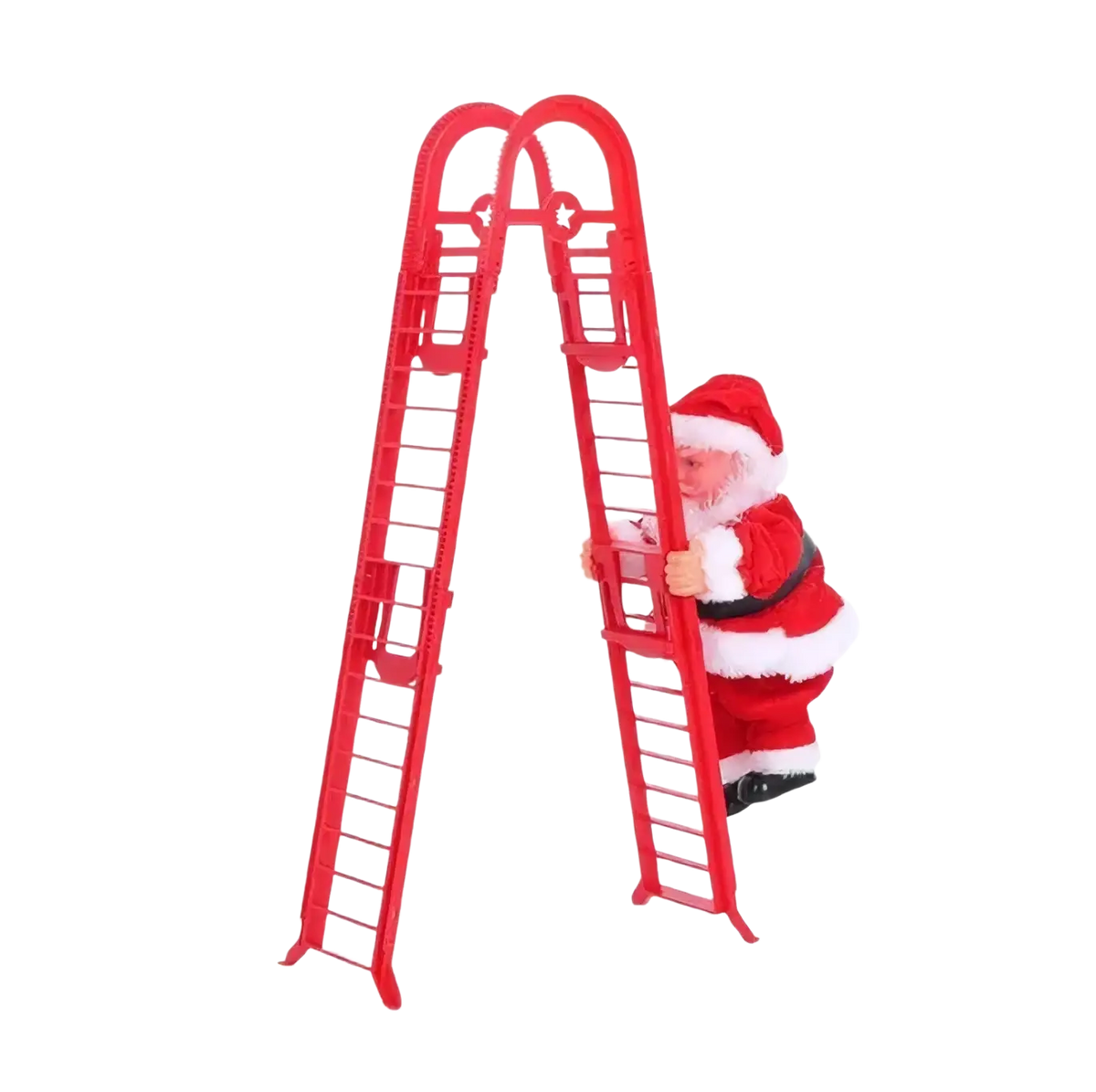 Climbing santa claus electronic toy featuring a red plastic candy cane ladder with santa figurine climbing it