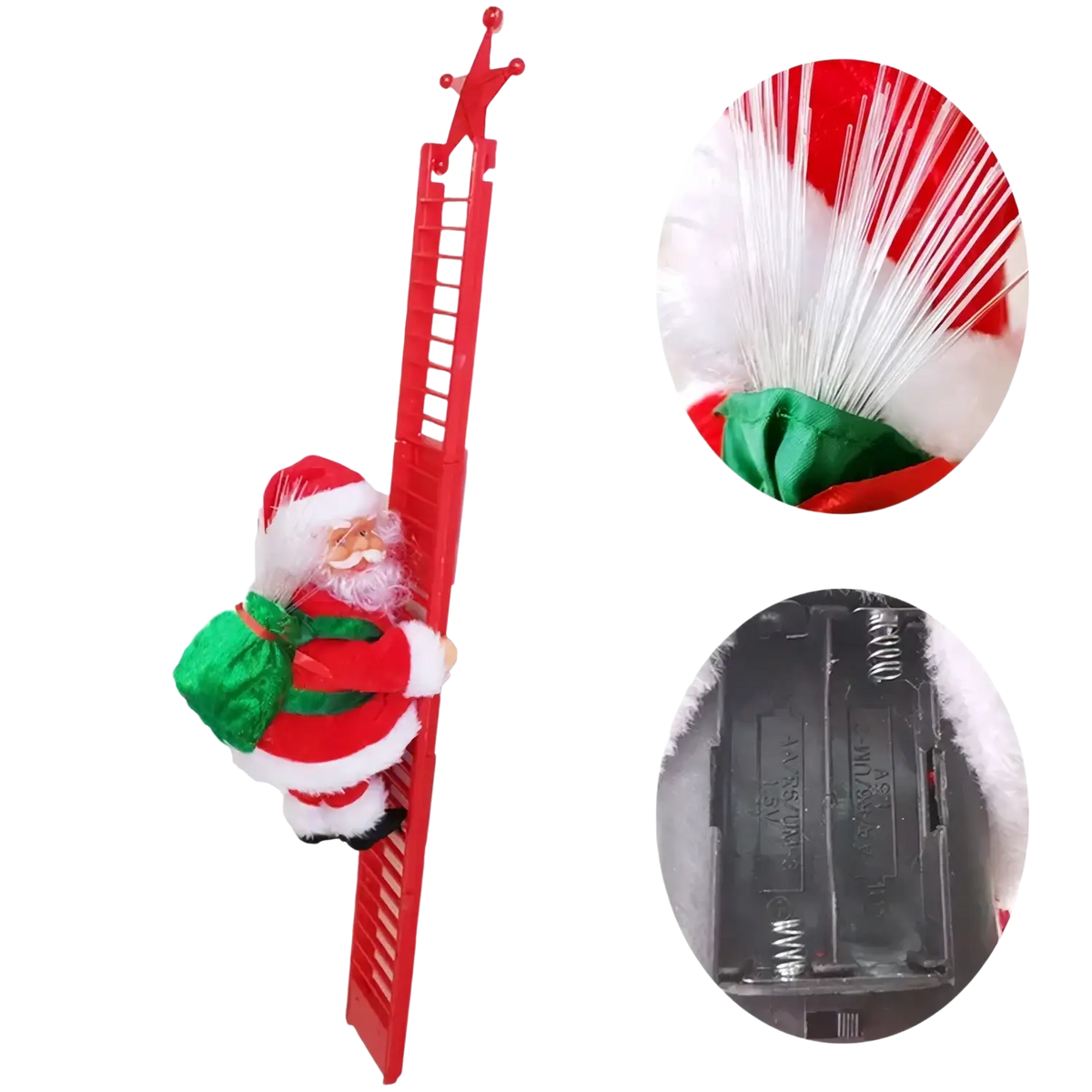 Red plastic climbing santa claus electronic toy Christmas decoration featuring traditional attire with green accents and sack
