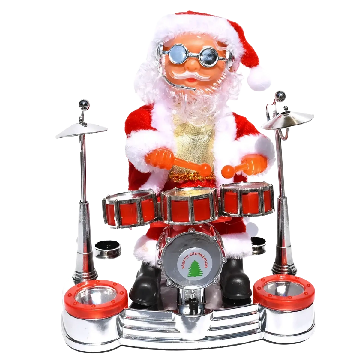Red and silver climbing santa claus electronic toy in festive outfit with goggles playing animated drum set christmas decoration