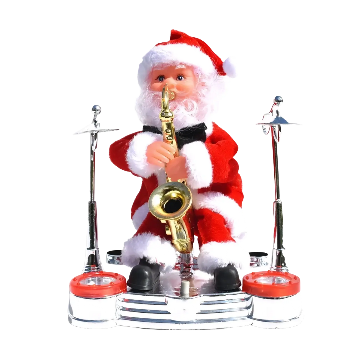 Red and white plush climbing santa claus electronic toy playing golden saxophone on chrome base with red accents