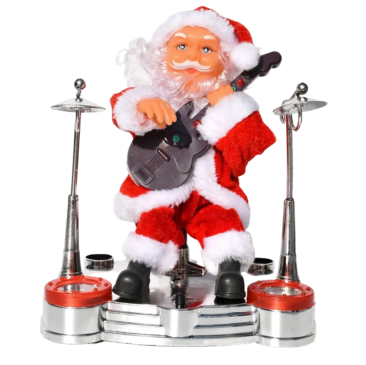 Climbing santa claus electronic toy decoration featuring red and white plush santa playing black electric guitar