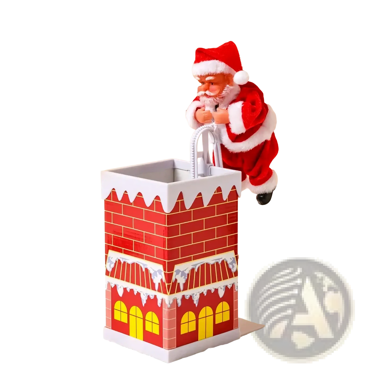 Red and white plastic climbing santa claus electronic toy emerging from brick chimney pencil holder decoration