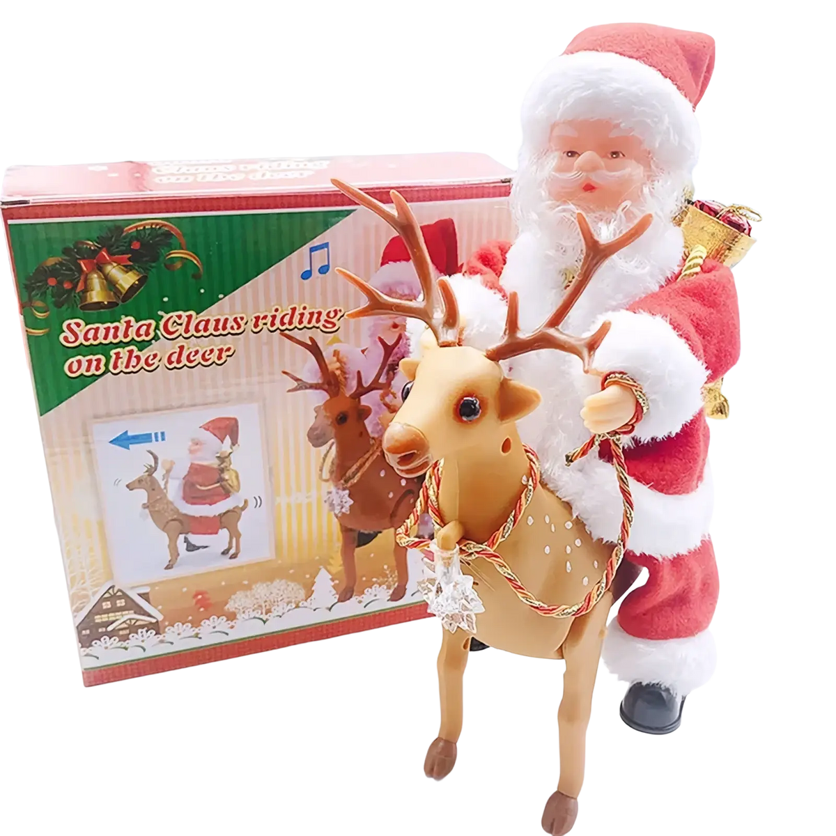 Climbing Santa Claus electronic toy Christmas decoration featuring red and white figurine riding tan plush deer with antlers