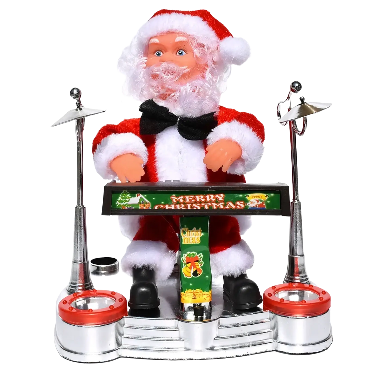 Red and white plush climbing santa claus electronic toy seated at silver and red electric drum set with merry christmas branding