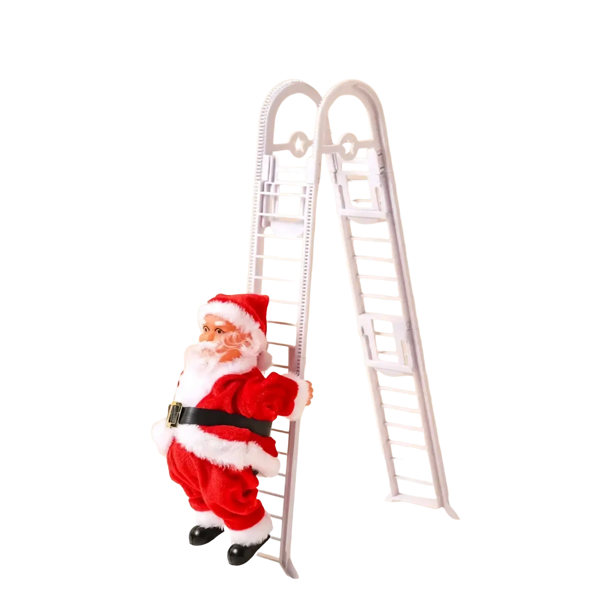 Climbing Santa Claus electronic toy Christmas decoration with red and white plush figurine on a white plastic ladder