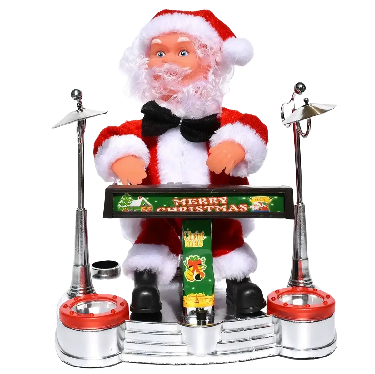 Red and white plush santa claus electronic toy playing a silver and red drum set christmas decoration