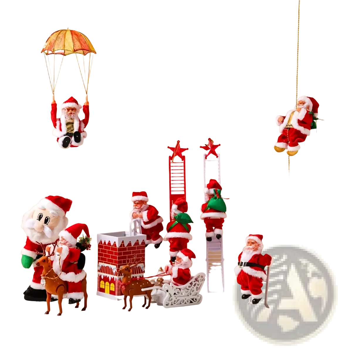 Red and white plush climbing santa claus electronic toy in various festive poses for christmas decoration