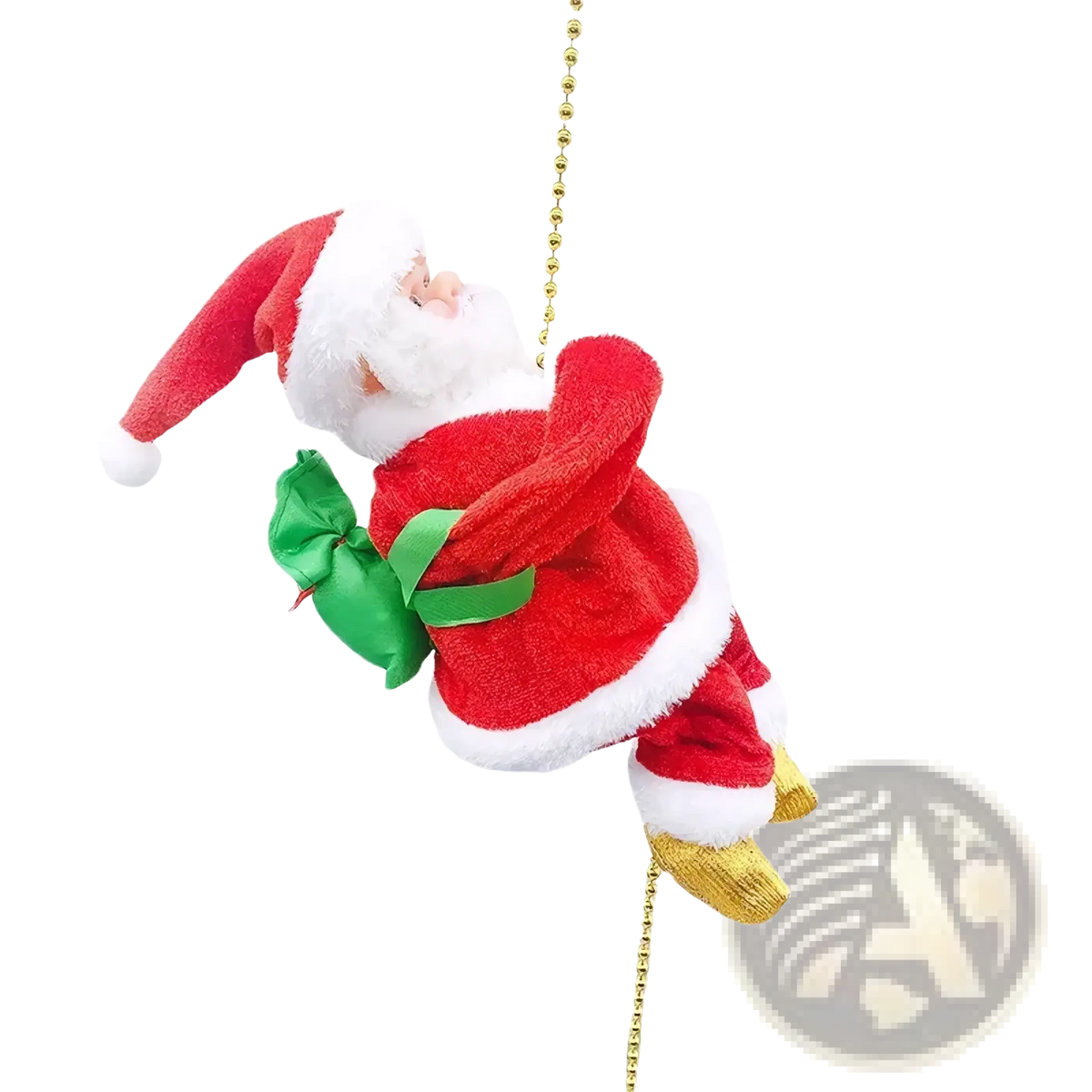 Red and white plush climbing santa claus electronic toy with gold-tipped boots and green bow hanging from gold chain