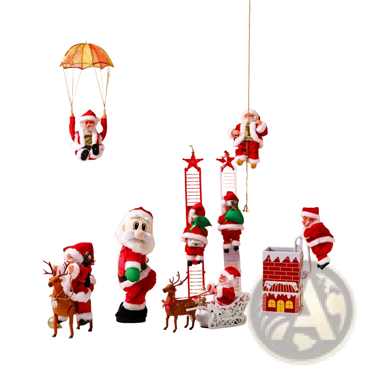 Red and white plush climbing santa claus electronic toy in various festive poses for christmas decoration