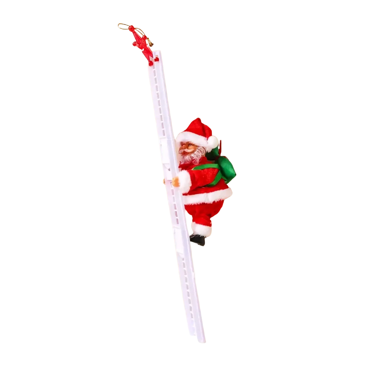 Red and white santa claus electronic toy with green sack climbing white plastic ladder christmas decoration
