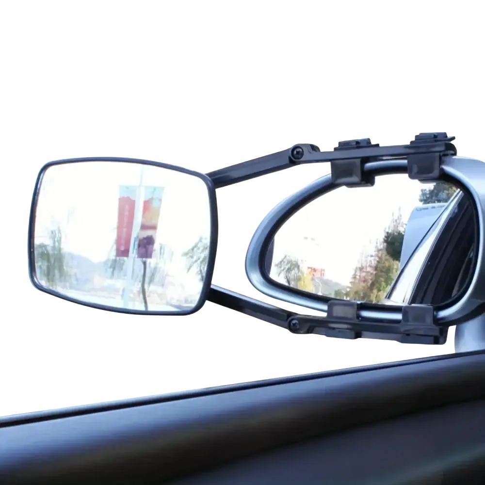 Black adjustable clip on towing mirror extension showing back side with rectangular and oval reflective surfaces for rv and truck