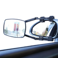 Black adjustable clip on towing mirror extension showing back side with rectangular and oval reflective surfaces for rv and truck