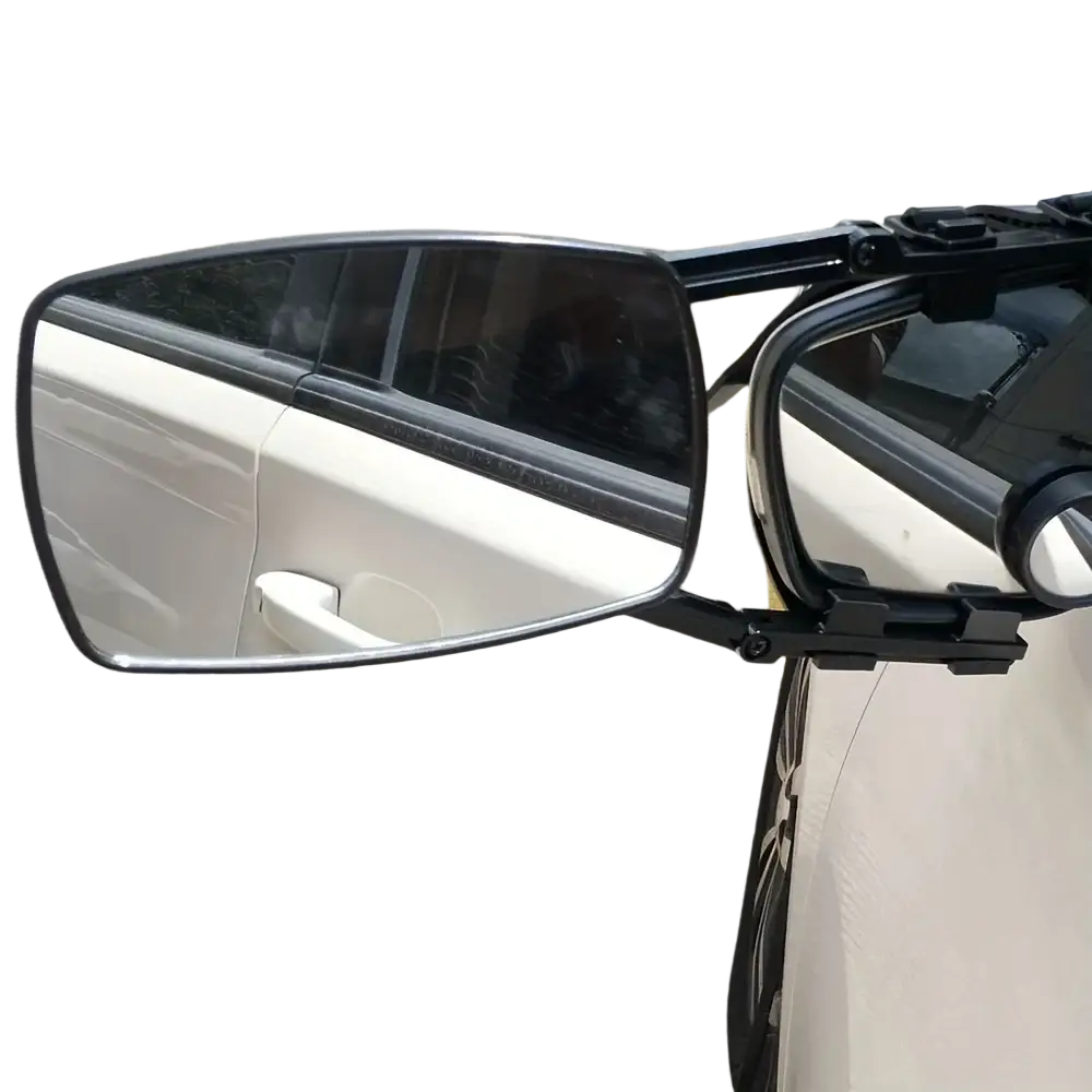 Black adjustable clip on towing mirror extension with rectangular reflective surface mounted on rv or truck side door