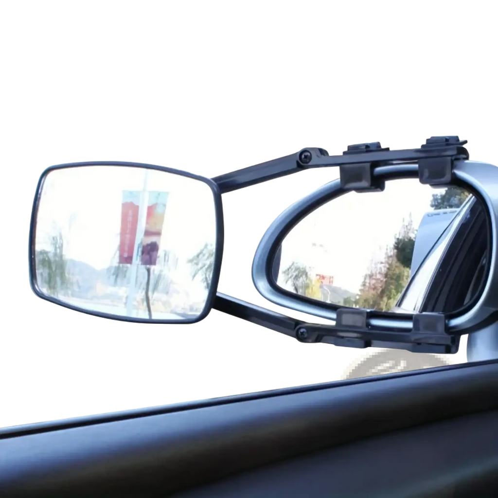 Black adjustable clip on towing mirror extension showing back side with rectangular and oval reflective surfaces for rv and truck