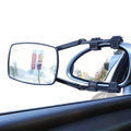 Black adjustable clip on towing mirror extension showing back side with rectangular and oval reflective surfaces for rv and truck