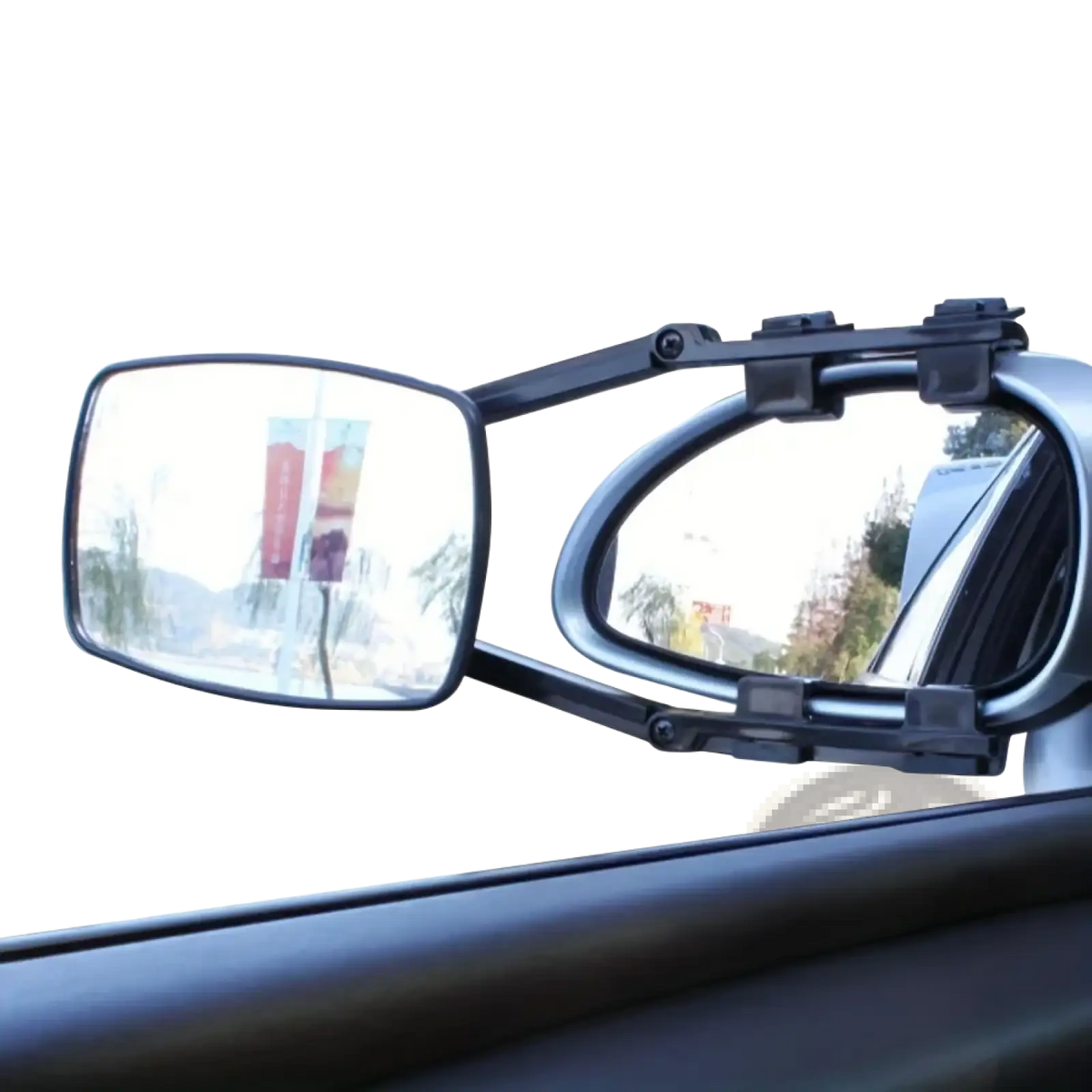 Black adjustable clip on towing mirror extension showing back side with rectangular and oval reflective surfaces for rv and truck
