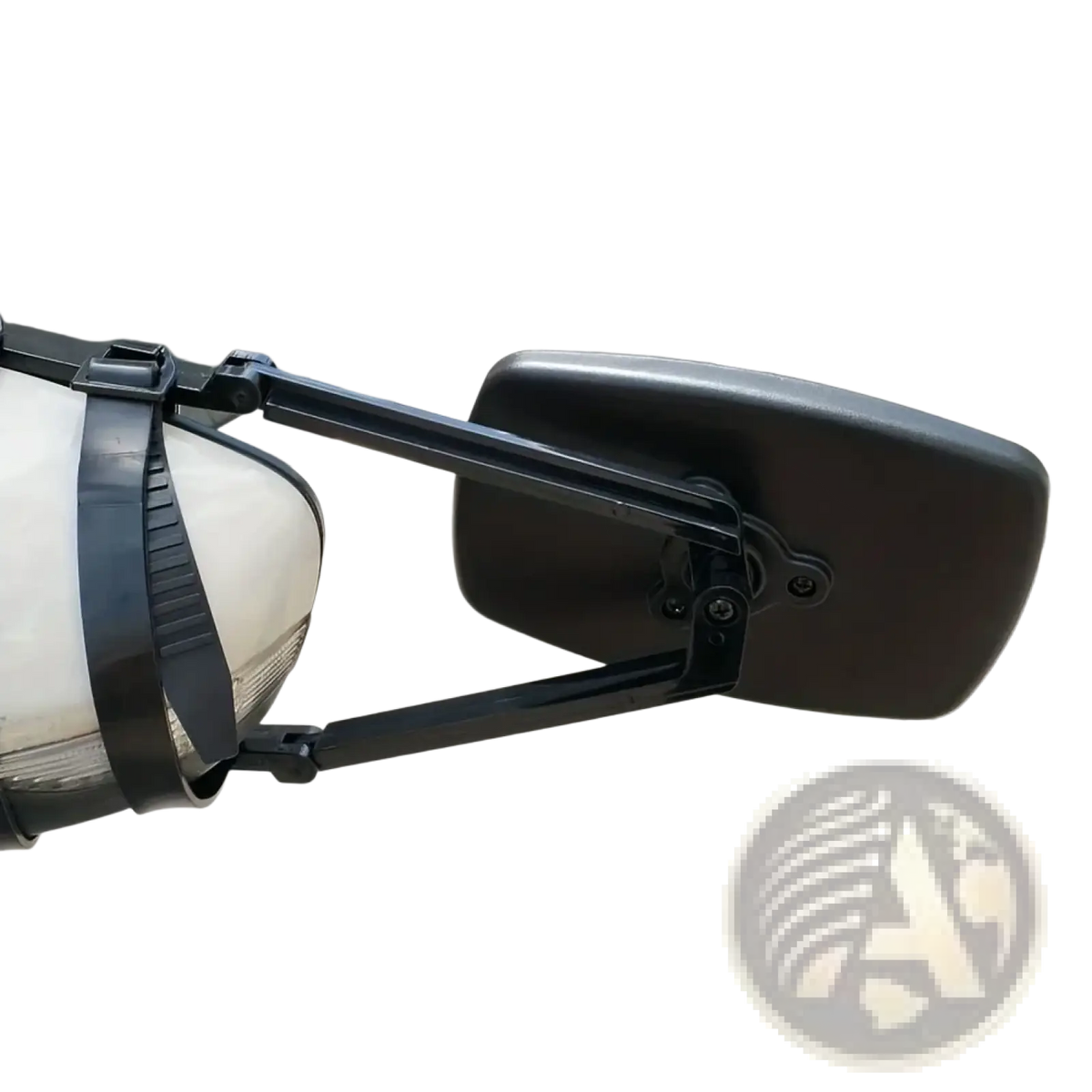 Black adjustable arm clip on towing mirror extension mounted on white rv and truck for enhanced visibility