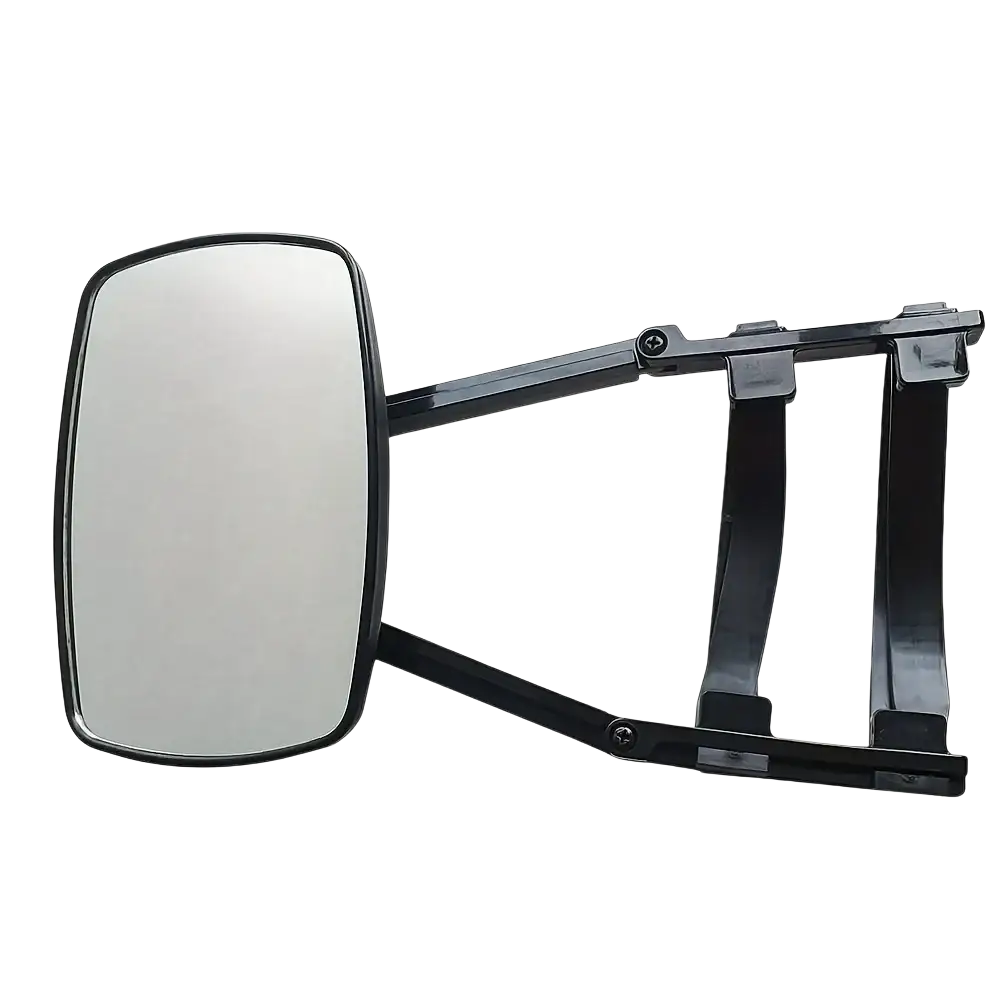 Black rectangular clip on towing mirror extension with reflective surface and adjustable arm for rv and truck use