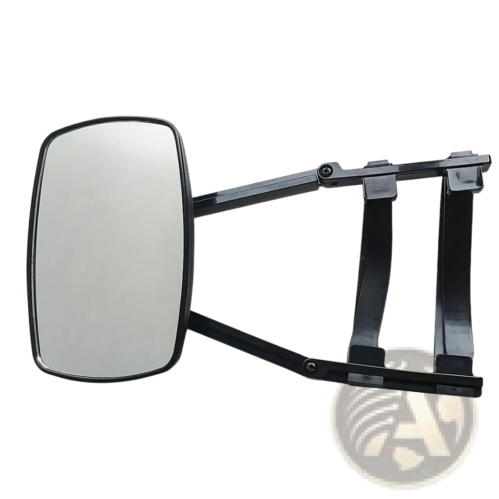 Black rectangular clip on towing mirror extension with reflective surface and adjustable arm for rv and truck use