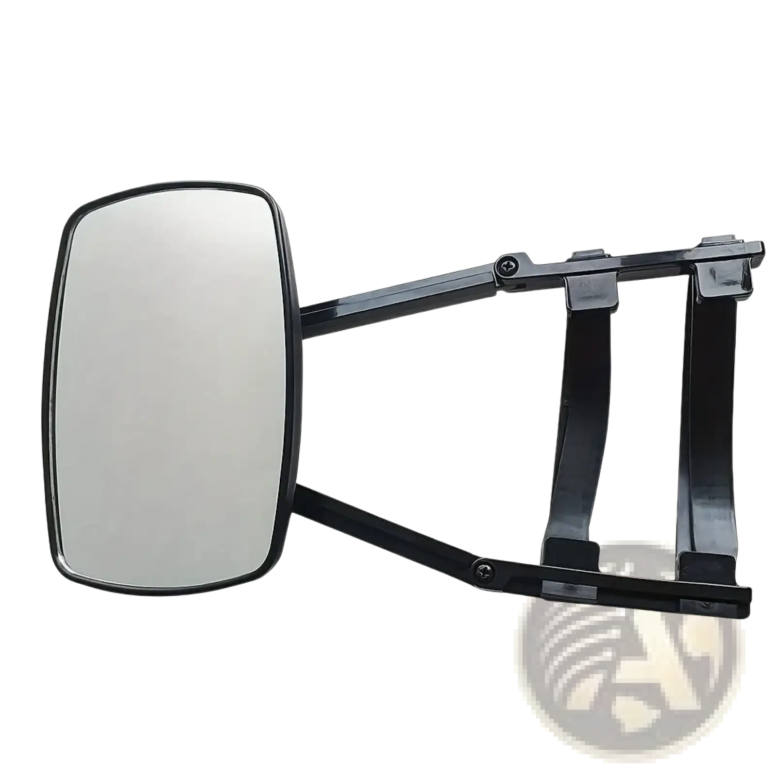 Black rectangular clip on towing mirror extension with reflective surface and adjustable arm for rv and truck use