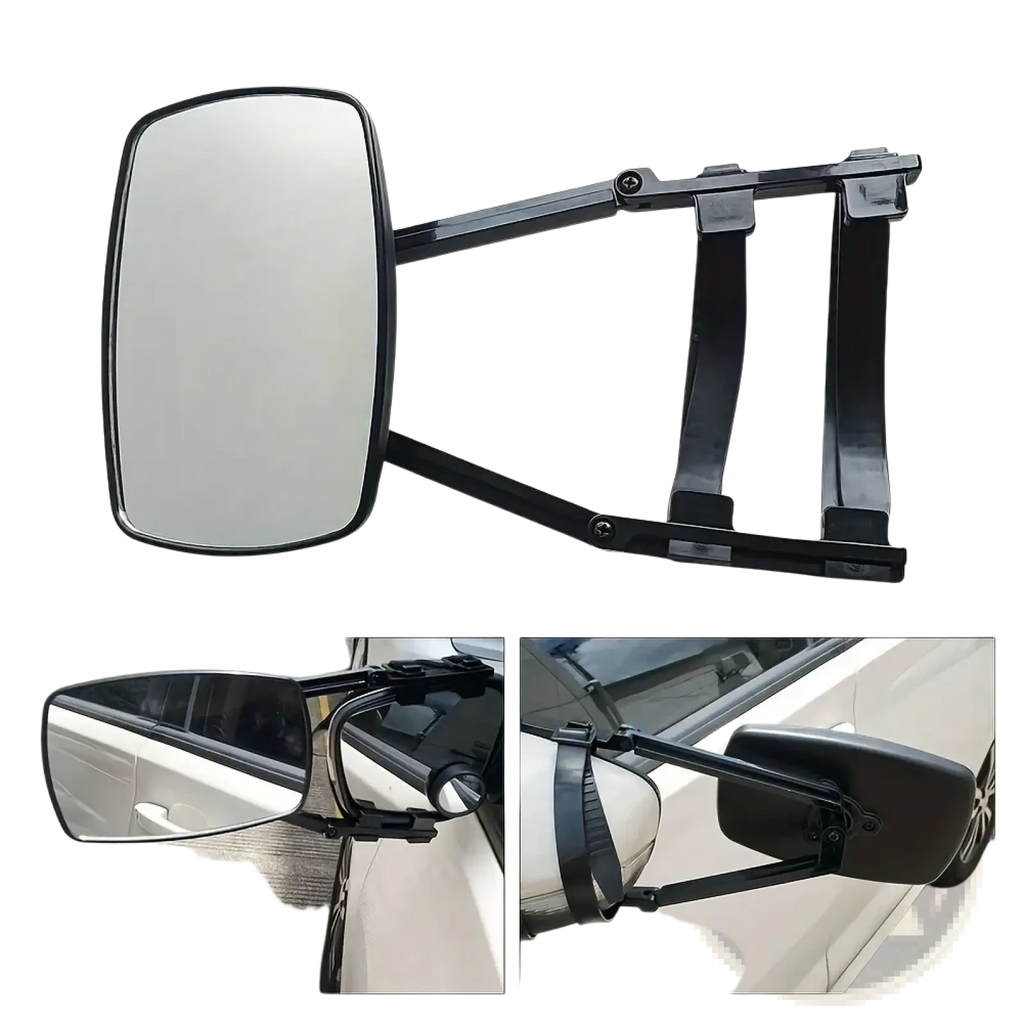 Black rectangular clip on towing mirror extension with extendable arm and mounting brackets for rv and truck installation
