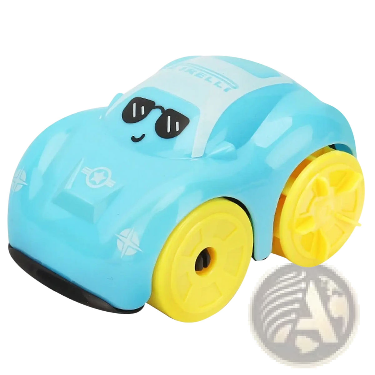 Light blue plastic clockwork duck bath toy with yellow wheels and black sunglasses for toddlers water play